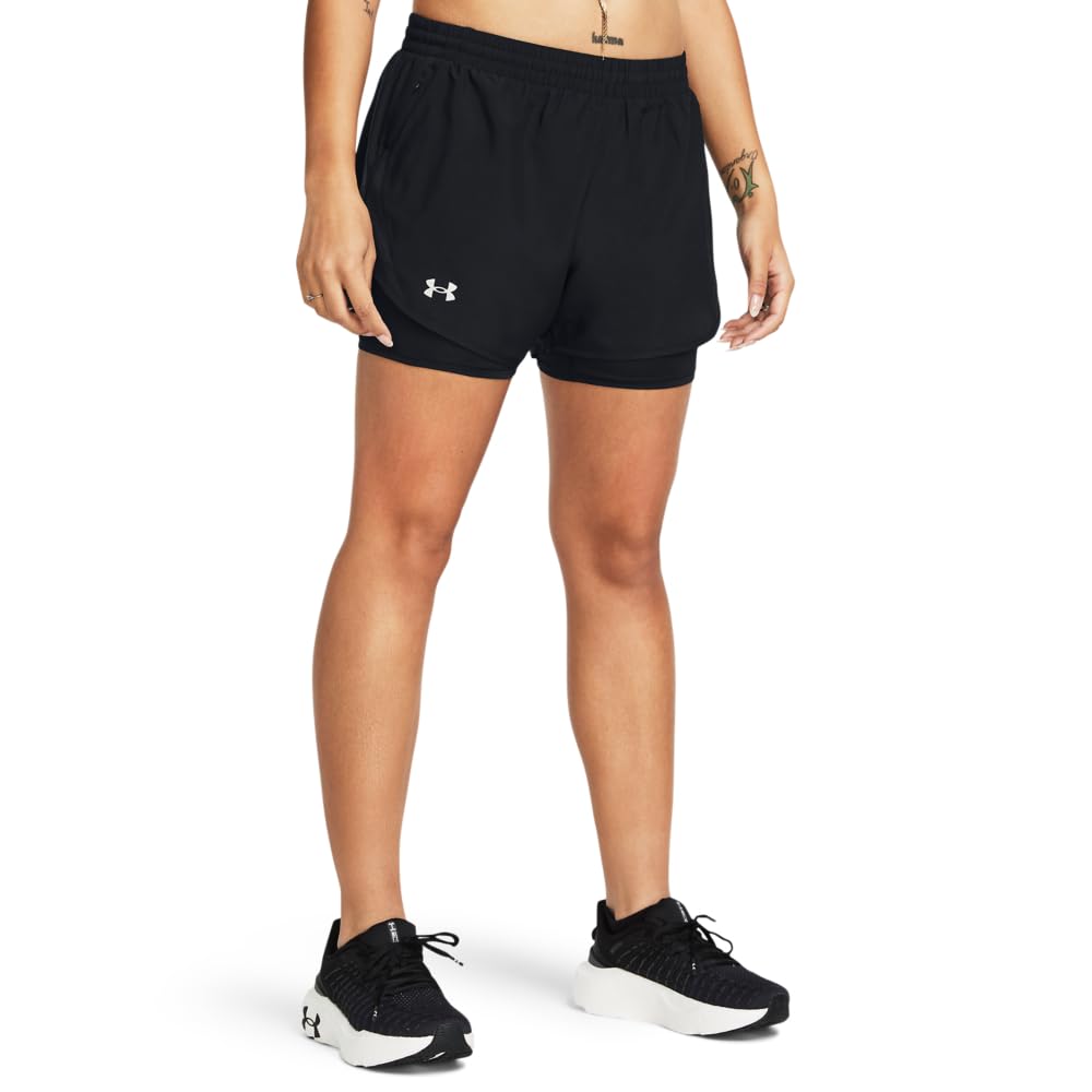 (取寄) アンダーアーマー レディース フライ バイ 2イン1 ショーツ Under Armour women Under Armour Fly By 2-in-1 Shorts Black/Black/Reflective Under Armour Womens Fly by 2-in-1 Shorts, (001) Black/Black